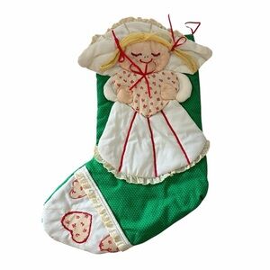 Vintage Handmade Green Christmas Stocking with Doll Design | Country Cottage